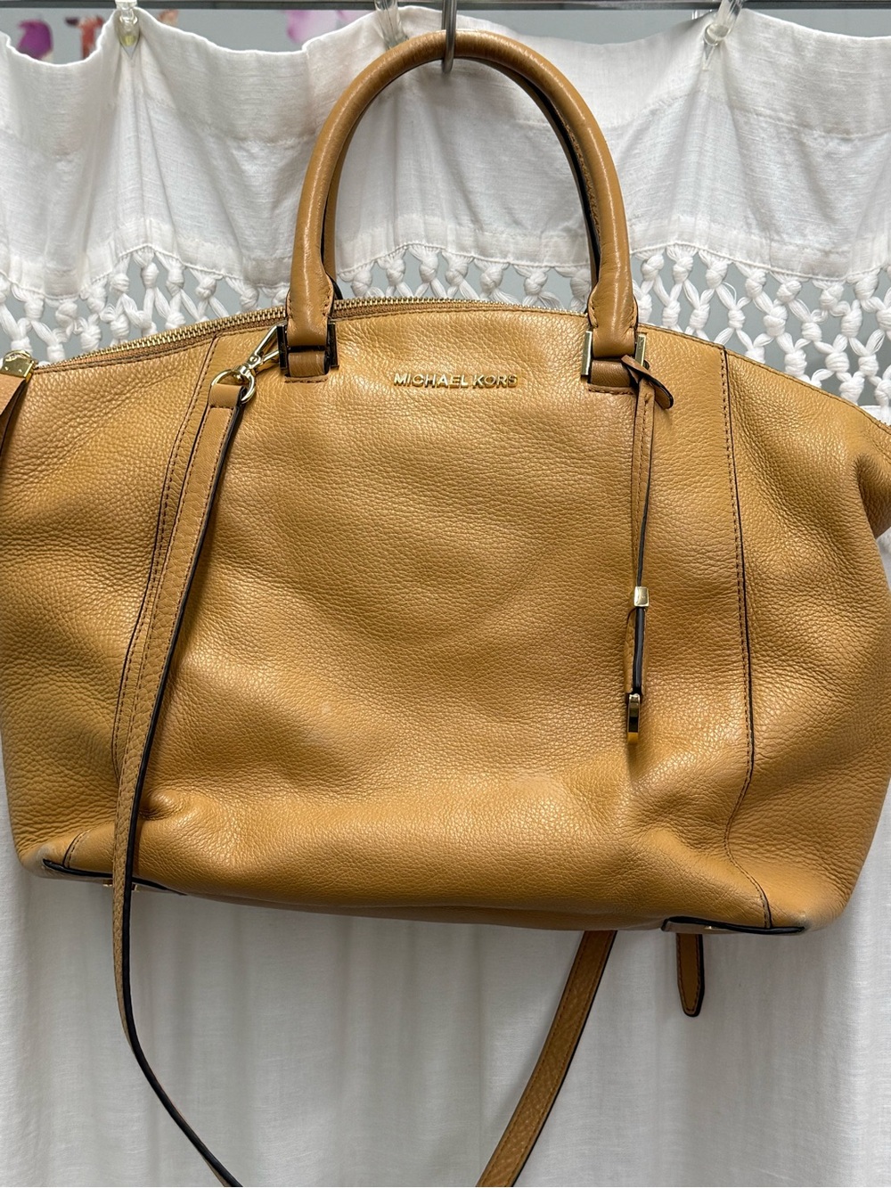 Michael Kors Camel Pebbled Leather Dome Satchel Crossbody Bag Gold Hardware